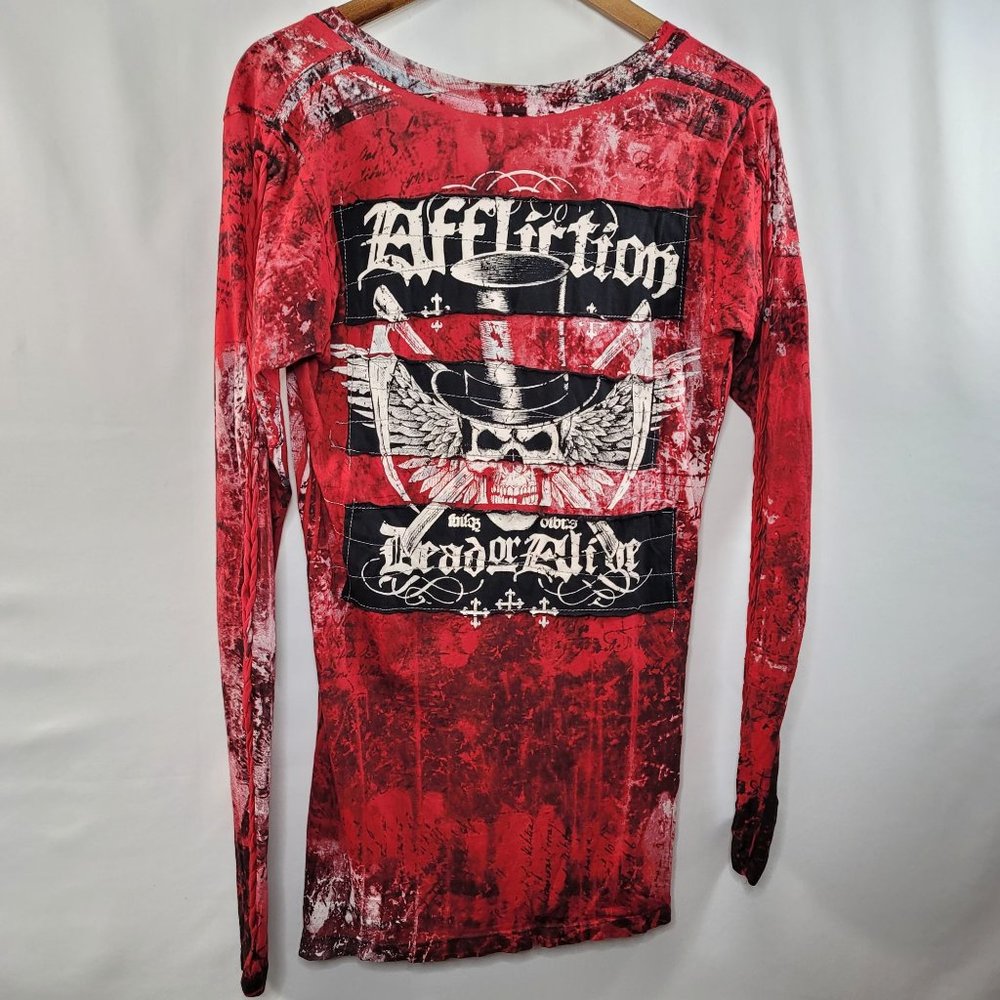 Affliction Red Braided Long Sleeves Womens V-Neck Skull Cotton Blouse Size XL